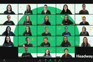 A Headway all-hands video call, every square doodled on